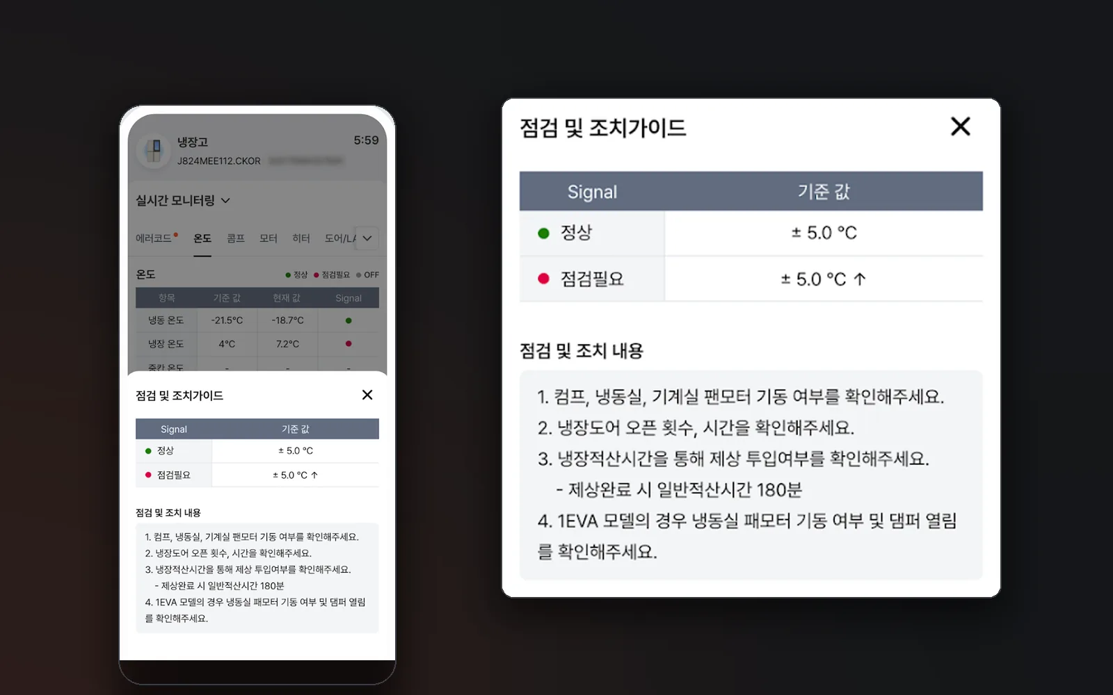 실시간 모니터링 중 표시되는 점검 및 조치 가이드 화면과 확대 상세